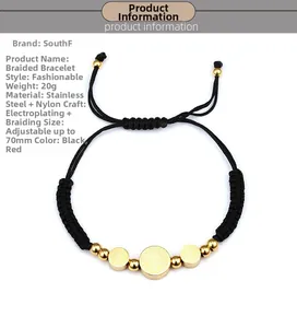 Detailed view of adjustable black woven rope bracelet with 18K gold plated St. Benedict medal