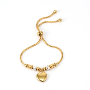 Adjustable Heart Pendant Bracelet 18K Gold Plated Stainless Steel Snake Chain Rhinestone Beads Fashion Jewelry For Women