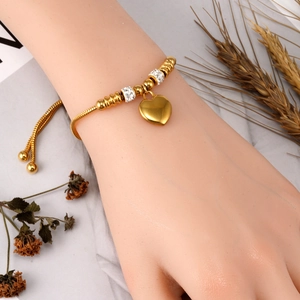 18K gold plated stainless steel heart pendant bracelet with crystal pave on snake chain