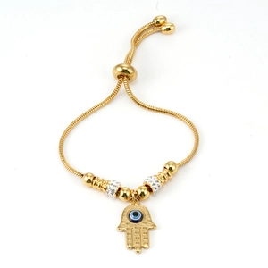 Hamsa Hand Evil Eye Bracelet Stainless Steel 18K Gold Plated Adjustable Snake Chain Rhinestone Religious Jewelry Women