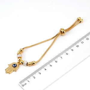 Gold Hamsa Hand evil eye stainless steel bracelet with snake chain and size scale
