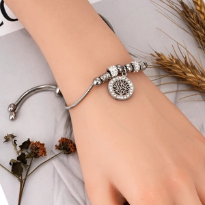 Bracelet arbre de vie en acier inoxydable argenté avec chaîne coulissante réglable