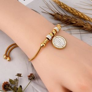 Bracelet serpent en acier inoxydable doré 18K avec pendentif rond pavé de zircons