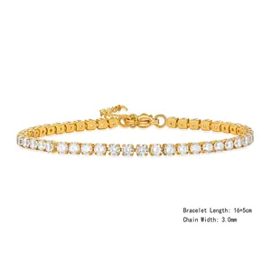 Bracelet tennis de luxe en acier doré avec zircons de 3mm, longueur réglable 16+5cm