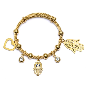 Bracciale Rigido A Cavo Intrecciato Placcato Oro Acciaio Inossidabile Mano Di Hamsa Occhio Del Diavolo Cuore Zircone Moda Donna