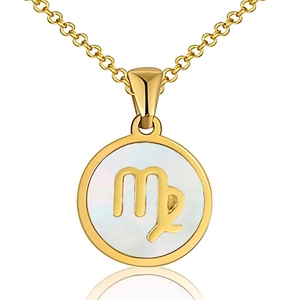 Primer plano del colgante Virgo dorado con nácar blanco brillante y cadena fina