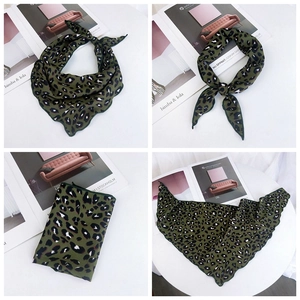 Collage showing green leopard print silk scarf styled as a necktie and headwrap