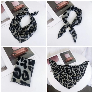 Leopard print triangular silk scarf shown in folded, open, and tied styling options