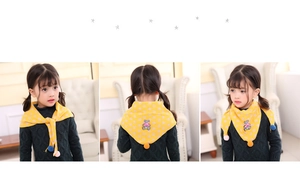 Kids yellow knit triangle scarf with polka dots, bear patch and colorful pompoms