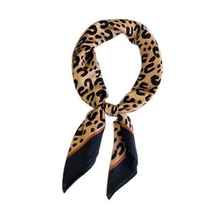 Classic leopard print silk scarf for women featuring a black border and satin finish