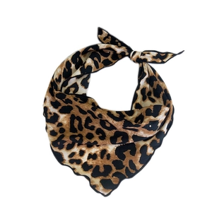 Leopard print silk scarf for women featuring scalloped wavy edges and satin finish