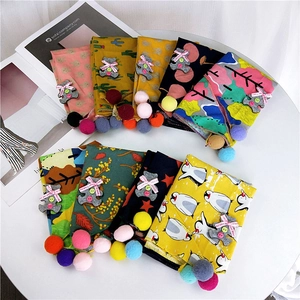 Kids cotton linen triangle scarves with cartoon prints and colorful pom-pom edges