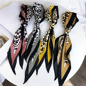 Women Elegant Satin Like Satin Twill Neck Scarf Leopard Print Geometric Color Block Narrow Long Hair Ribbon Bag Handle Wrap