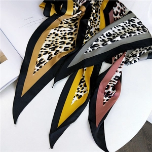 Chic leopard print silk scarf with geometric color block design for women fashion