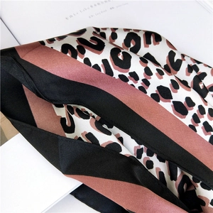 Chic leopard print satin scarf for women with silk texture and geometric color blocks