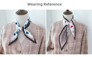 Wearing reference for heart pattern silk scarves in blue and red elegant prints