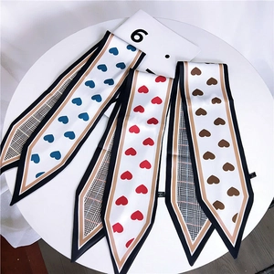 Three versatile satin silk heart pattern skinny scarves for hair and handbags