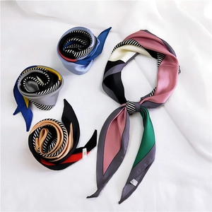 Women Patchwork Geometric Satin Scarf Twilly Striped Silk Like Skinny Neckerchief For Headband Bag Handle Hair Tie Accessory
