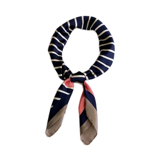Navy blue striped silk scarf with elegant pink geometric color block patchwork design