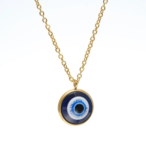 Golden chain necklace featuring a classic blue evil eye pendant on a white background