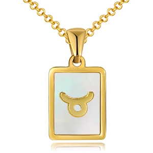 Detail of 18K gold stainless steel Taurus necklace with white mother of pearl inlay