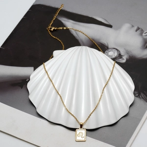 Detail of 18K gold stainless steel Leo necklace with white shell inlay on a ceramic dish