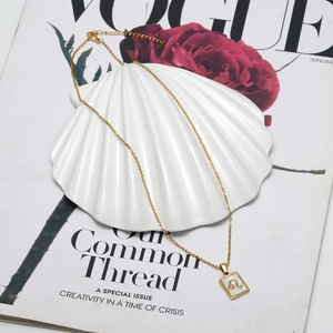 Close-up of 18K gold Leo zodiac necklace with white shell inlay on a shell tray