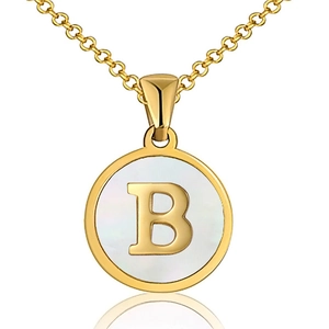 Close-up of golden 18K stainless steel necklace with mother of pearl letter B pendant
