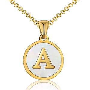 18K gold plated stainless steel letter A necklace with round mother of pearl pendant