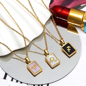 18K gold stainless steel zodiac necklaces with shell pendants on mirror background
