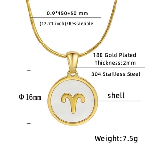 Detailed dimensions of 18K gold plated Aries shell pendant on stainless steel chain