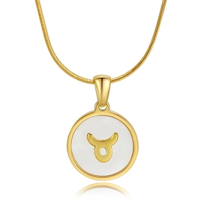 Gold 18K stainless steel necklace with Taurus zodiac symbol on a white shell pendant