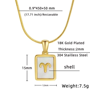 Detailed specs of Aries necklace with white shell pendant in 18K gold-plated stainless steel