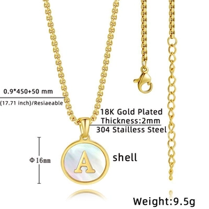 Detail showing 18K gold plated 304 stainless steel shell necklace with letter A pendant