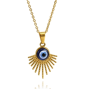 Detailed view of 18K gold stainless steel evil eye pendant with sunburst design