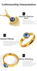 Macro shot of 18K gold evil eye necklace and ring showing mirror-polished finish details