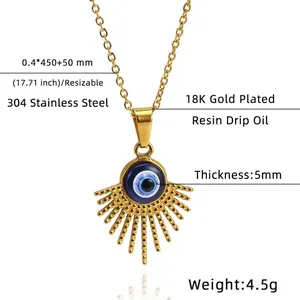 Detailed view of 18K gold plated stainless steel Evil Eye pendant with blue resin inlay