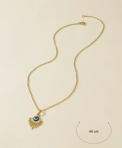 Detail view of 18K gold evil eye necklace showing 45cm chain length and sunburst design