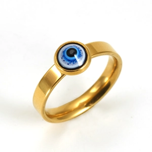 18K gold plated stainless steel evil eye ring with blue resin eye for women