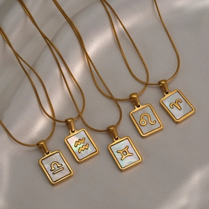 18K Gold Plated Stainless Steel Zodiac Sign Rectangle Pendant Necklace With White Mother Of Artificial Pearl Shell Inlay Snake Chain