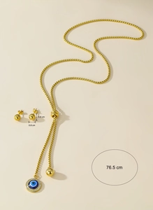 Parure de bijoux en acier inoxydable 18K œil bleu avec collier de 76,5cm et boucles d'oreilles