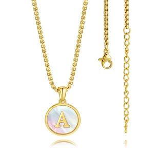 18K gold plated stainless steel initial A necklace with white shell round pendant