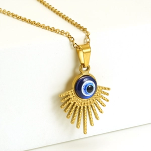 18K gold plated stainless steel evil eye necklace with solar rays pendant on white base