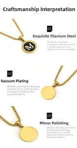 Macro detail of 18K gold plated stainless steel pendant featuring black enamel M initial