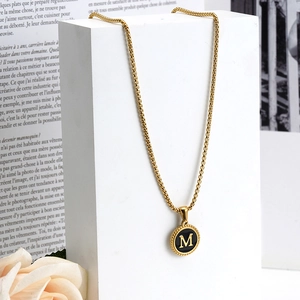 18K gold plated stainless steel letter M necklace with black enamel round pendant