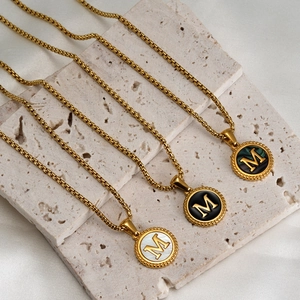 18K gold plated stainless steel M letter necklaces with marble and shell inlay