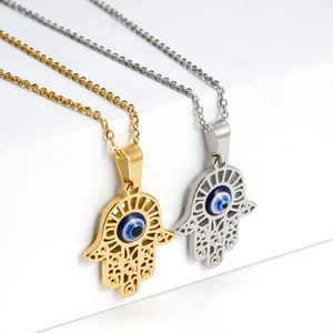 Minimalistische roestvrijstalen Hamsa Hand en Evil Eye hanger ketting in goud en zilver