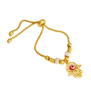 18K gold plated Hamsa hand bracelet with evil eye charm and adjustable bead chain link