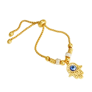 18K gold plated stainless steel Hamsa Hand and Evil Eye adjustable slider bracelet