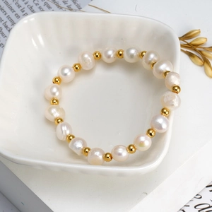 Bracelet Perles D'eau Douce Acier Inoxydable Perles Dorées Baroque Irrégulier Fait Main Bijoux Élégants Femmes